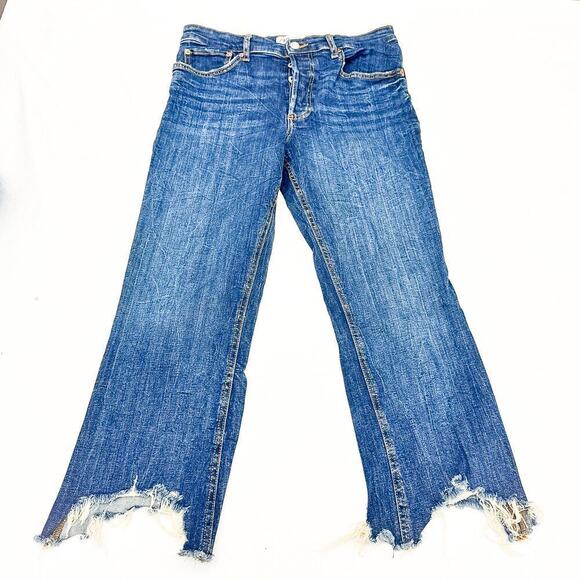 Zara The Dreed Flare Raw Hem Button Fly Med-Dark Wash Denim Jeans Size 12 - Picture 2 of 8